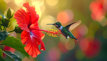 Obraz premium Hibiscus flower in full bloom with a long stamen and yellow pollen as a small hummingbird hovers nearby in detail generative AI