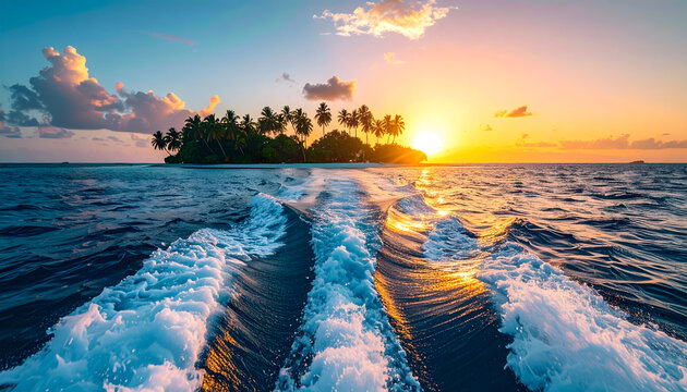 Tropical island view from a departing boat at sunset with white foam wake in dark blue water and palm trees generative AI