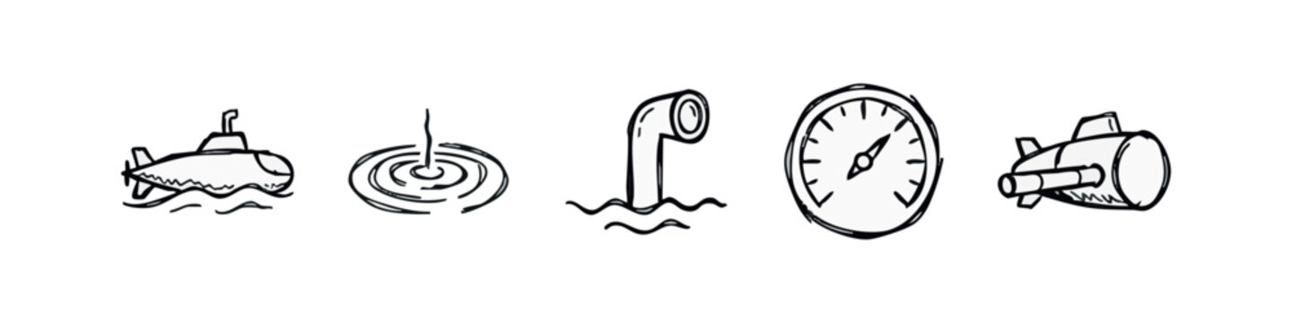 Doodle icons of submarine and nautical equipment