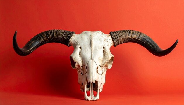 Rustic buffalo skull with long dark horns on a vibrant red studio background