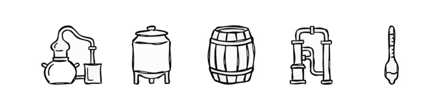 Distillation Equipment and Barrel Line Drawing Icons