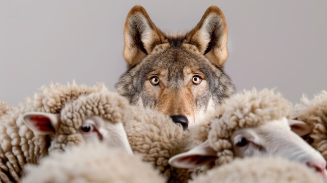 Wolf Observing Sheep in Calm Surrounding, Nature Interaction Inspiring Wildlife Awareness