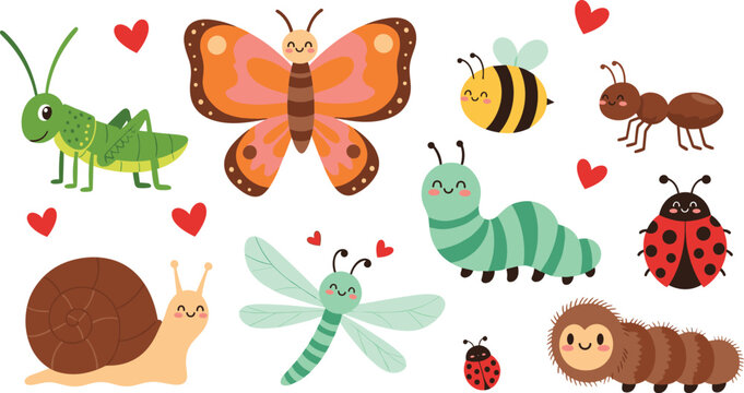 Cute insects with hearts kawaii cartoon bugs butterfly bee caterpillar ladybug vector illustration