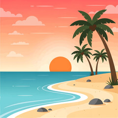 Obraz premium Tropical beach with palm trees at sunset by ocean