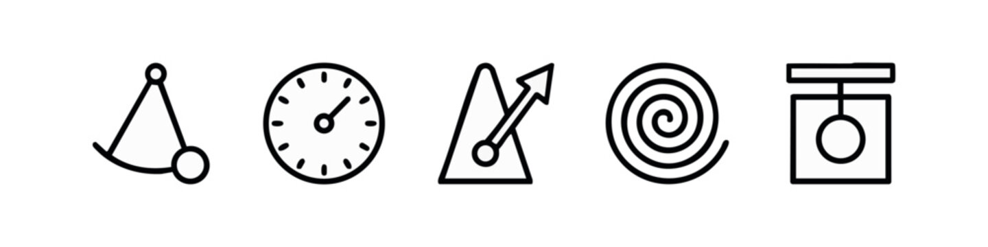 Outline icons representing physics concepts: pendulum, clock, vector, spiral, scale