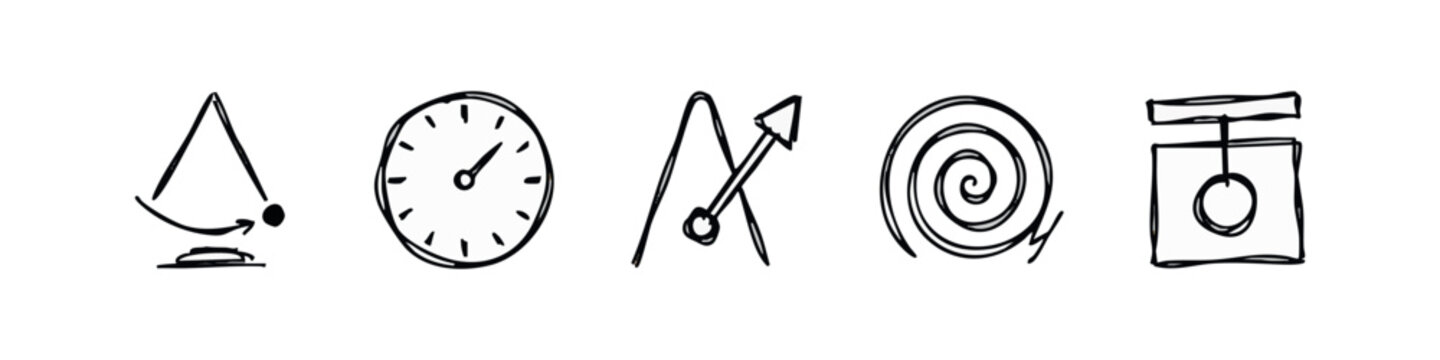 Line drawings of physics and motion concepts: pendulum, clock, vector, spiral, scale
