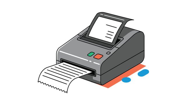 Compact thermal receipt printer spitting out a long printed paper strip on a surface with colorful abstract background shapes.