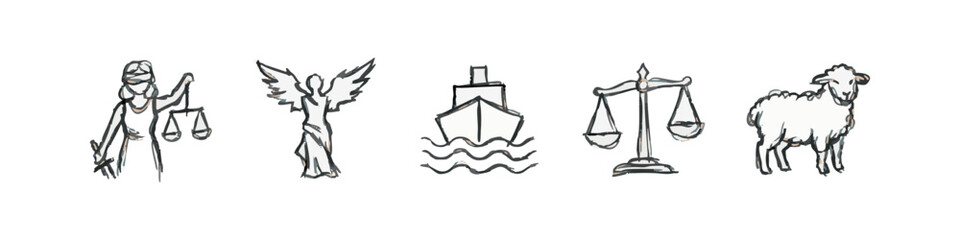 Fototapeta premium Set of hand-drawn symbolic icons: justice, angel, ship, scales, sheep