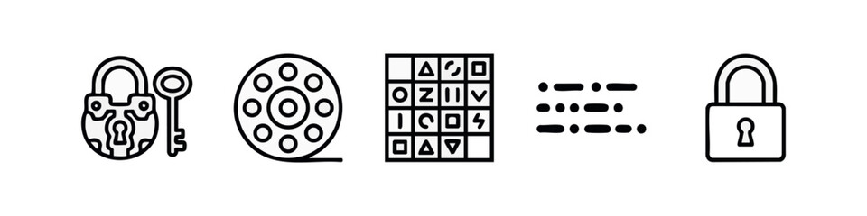 Padlock, Key, Film Reel, Cipher Grid, and Morse Code Icons: Line Art © liubomir118809