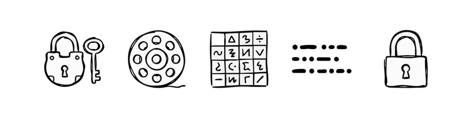 Padlock, Key, Film Reel, Cipher Grid, and Morse Code Icons: Sketchy © liubomir118809