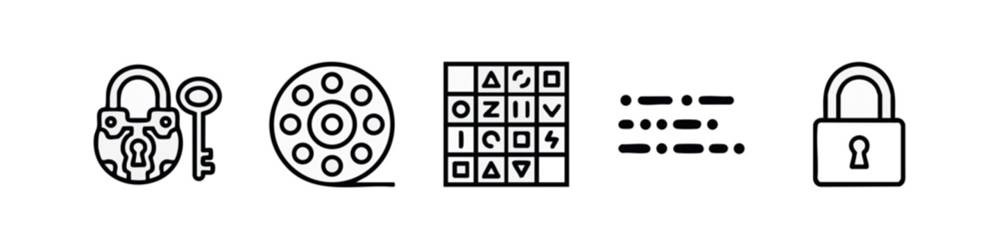 Padlock, Key, Film Reel, Cipher Grid, and Morse Code Icons: Line Art