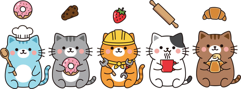 Cute cat characters with food and drinks set kawaii cartoon kittens vector illustration