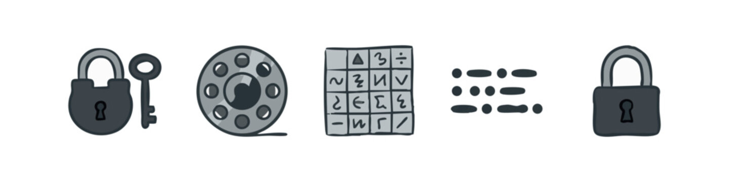 Padlock, Key, Film Reel, Cipher Grid, and Morse Code Icons: Color