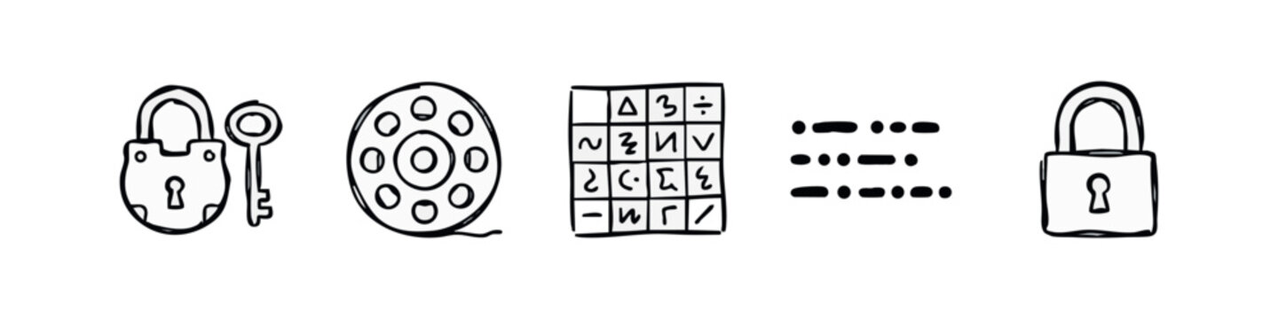 Padlock, Key, Film Reel, Cipher Grid, and Morse Code Icons: Sketchy