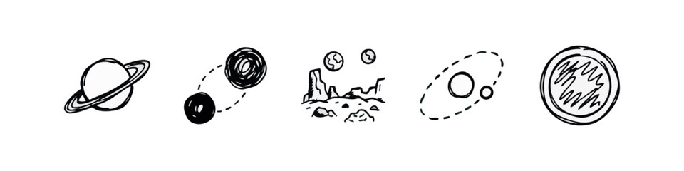 Doodle icons: Saturn, orbiting objects, rocky planet surface, planetary orbit, planet © liubomir118809