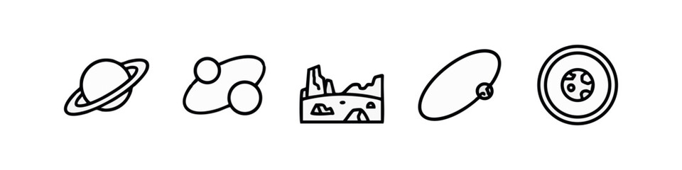 Outline icons: Saturn, orbiting objects, rocky planet surface, planetary orbit, planet © liubomir118809
