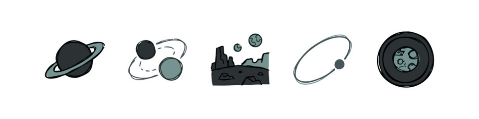 Color icons: Saturn, orbiting objects, rocky planet surface, planetary orbit, planet © liubomir118809