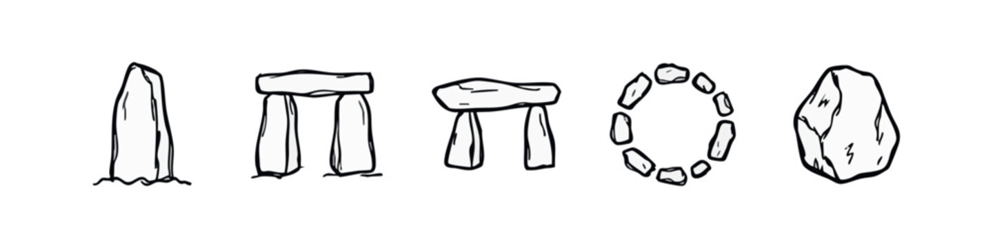 Doodle icons: Standing stone, trilithon, dolmen, stone circle, monolith