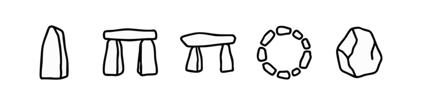 Outline icons: Standing stone, trilithon, dolmen, stone circle, monolith