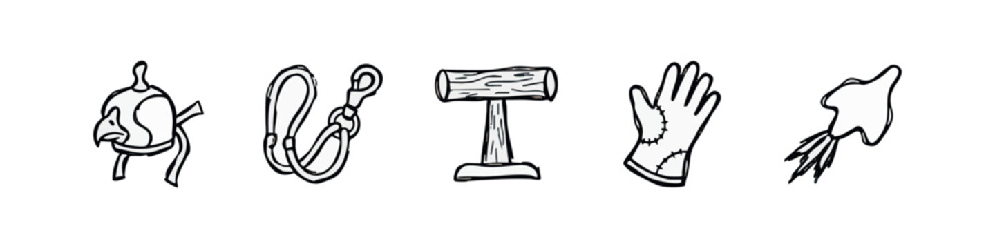 Hand-Drawn Falconry Equipment and Bird of Prey Icons.
