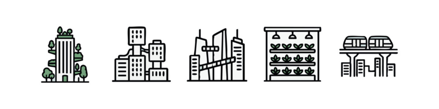 Smart city and green technology icons: eco-building, modern architecture, vertical farm, monorail (colored)