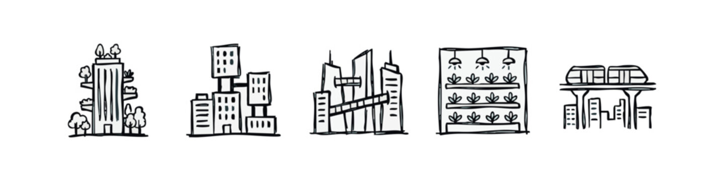 Smart city and green technology icons: eco-building, modern architecture, vertical farm, monorail