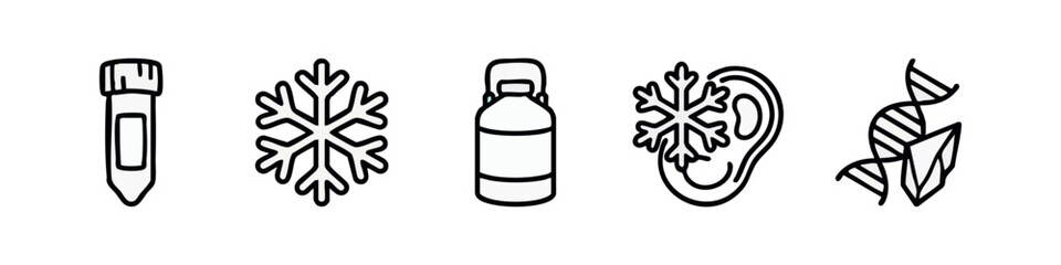 Fototapeta premium Outline icons for science and medicine: test tube, snowflake, container, ear, DNA.