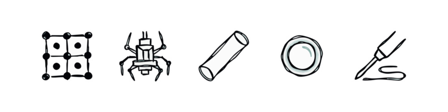 Hand-drawn icons: grid, insect, tube, plate, and pen.