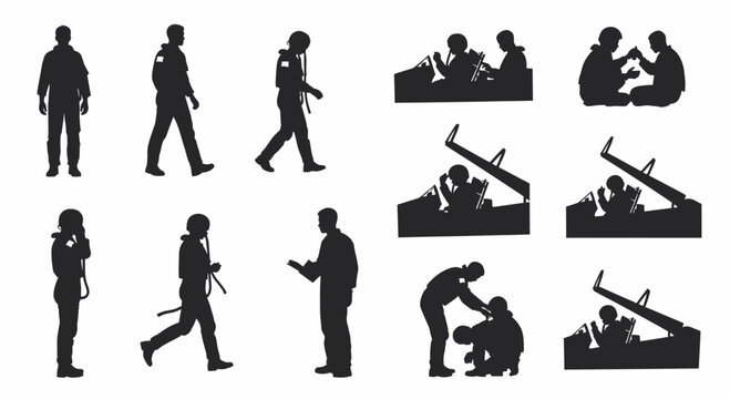 Illustrative vector silhouettes showcasing uniformed professionals performing critical service roles, including operational movement, emergency response, and rescue assistance scenarios