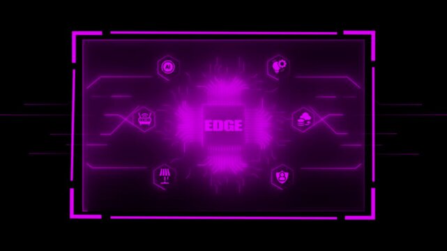 Vibrant digital concept showcasing the word EDGE in a glowing magenta central processor surrounded by hexagonal for AI cloud computing security and smart home devices linked by illuminated