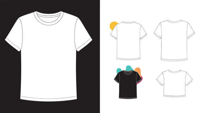 Collection of blank t-shirt templates including front and back views in black and white colors for fashion design and apparel mockups.
