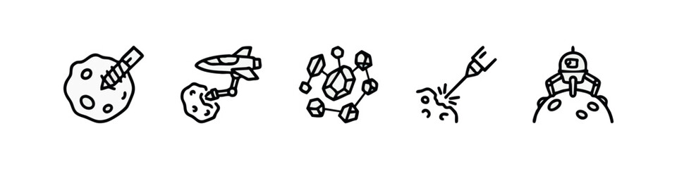 Outline icons of space exploration: asteroid, rocket, crystals, laser, robot on moon © liubomir118809