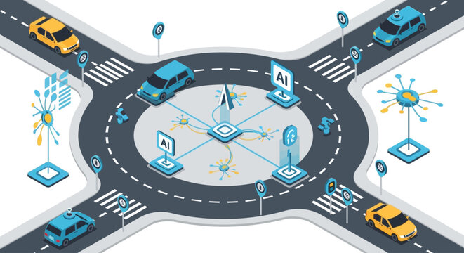 Intelligent roundabout with autonomous vehicles and AI-powered traffic management system, illustrating future urban mobility and smart city concepts.