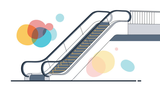 Side view of a modern public escalator moving between floors with abstract colorful circles in the blurred background.