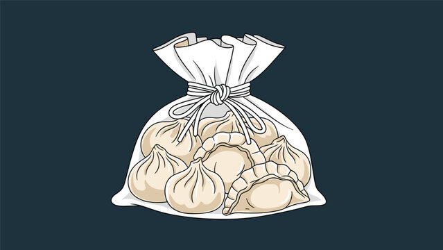 White knotted bag filled with several traditional dough dumplings like khinkali or pelmeni shown against a dark navy background.