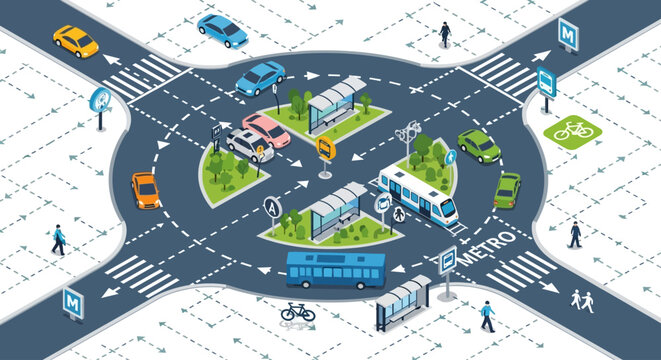 An isometric illustration of a smart city roundabout with autonomous vehicles, public transport, and pedestrian walkways, showcasing modern urban infrastructure and traffic management systems.