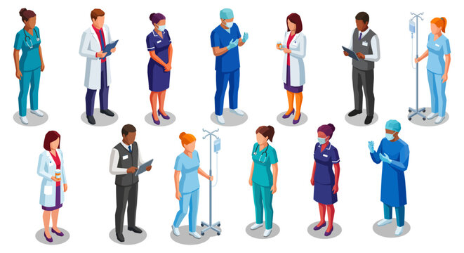 Medical staff with hospital equipment at clinic | Collection of isometric healthcare characters in professional uniform for doctor and nurse concept