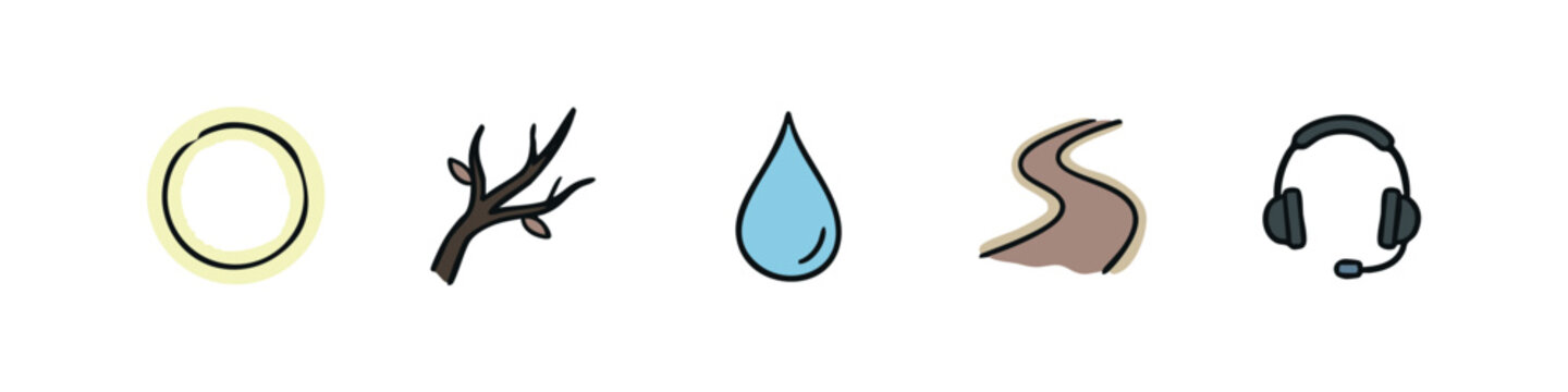 Set of Simple Hand Drawn Icons Including Sun Halo Branch Water Drop Winding Path and Headset