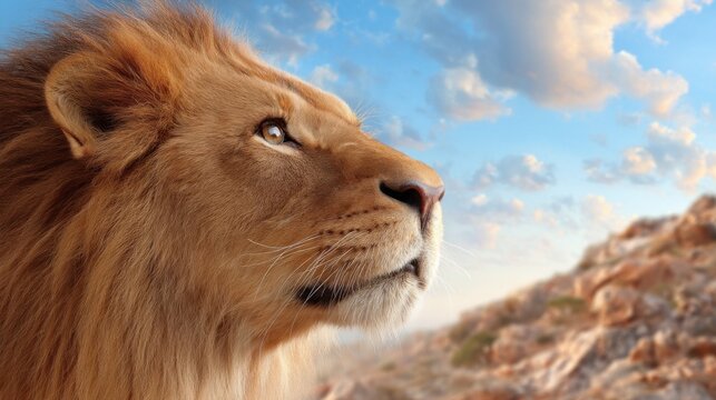 close up lion face, dramatic rocky savanna landscape behind, vivid sky, soft