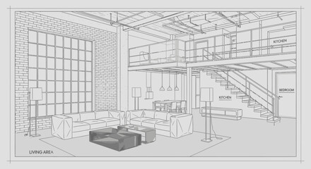 Architectural line art blueprint illustration of a modern open-concept loft apartment interior with living room and mezzanine design. © kuli