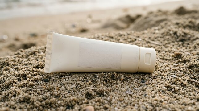 Minimal cream tube packaging mockup on sandy beach texture