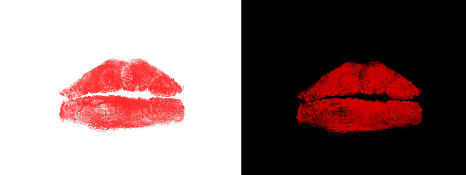 Abstract Lip Mark in Deep Red on Black Canvas with White Border Creating Dramatic Visual Balance