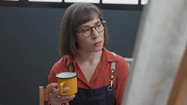 Woman painter in apron holds yellow mug with hand while studying canvas in studio; quiet contemplation.