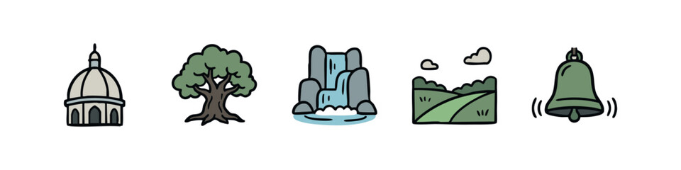 Nature and sound icons: dome building, tree, waterfall, rolling hills, ringing bell. © liubomir118809