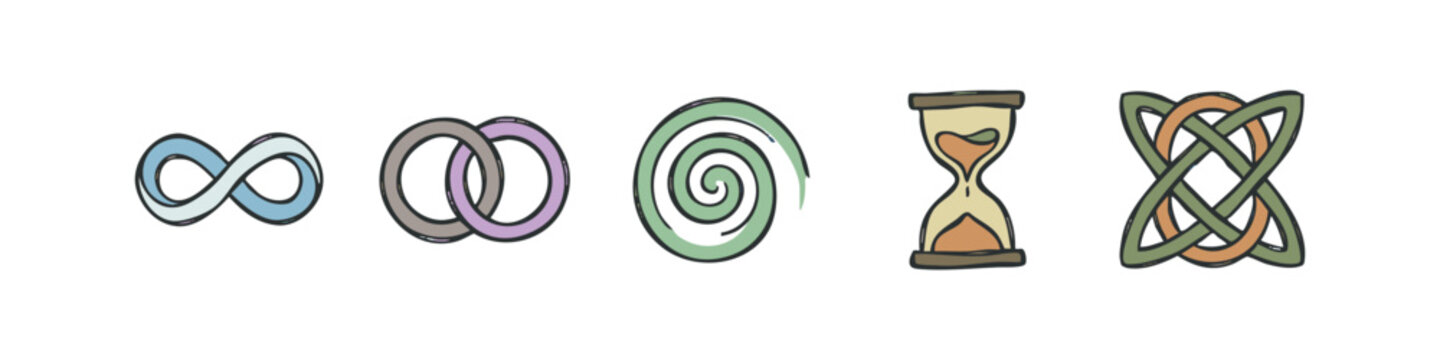 Abstract symbols representing infinity, connection, spiral, time, and knot.