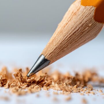 Extreme close up of a sharpened graphite pencil tip, wood texture shaving, pencil dust, creative education concept, shallow depth of field