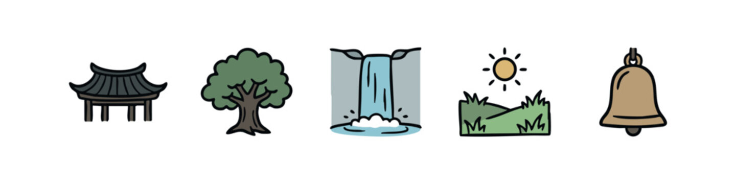 Asian-inspired nature and sound icons: pagoda, tree, waterfall, sun, ringing bell.