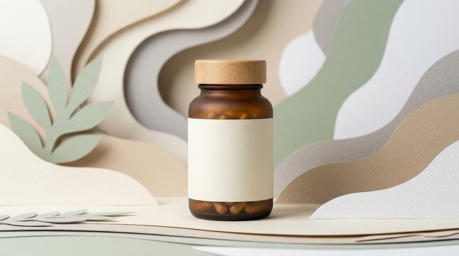 Minimal supplement bottle with blank label and wood cap mockup