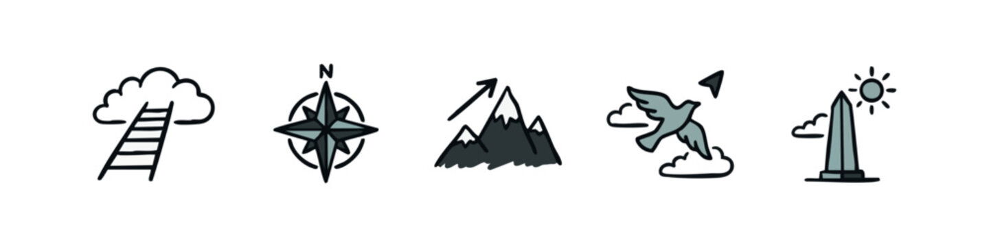 Icons representing progress and aspiration: ladder to cloud, compass, mountain ascent, bird, skyscraper.