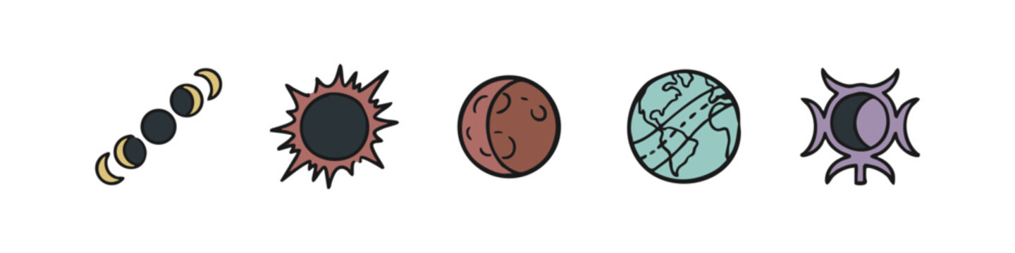 Icons related to celestial events and observation: solar eclipse phases, sun, earth, alien symbol
